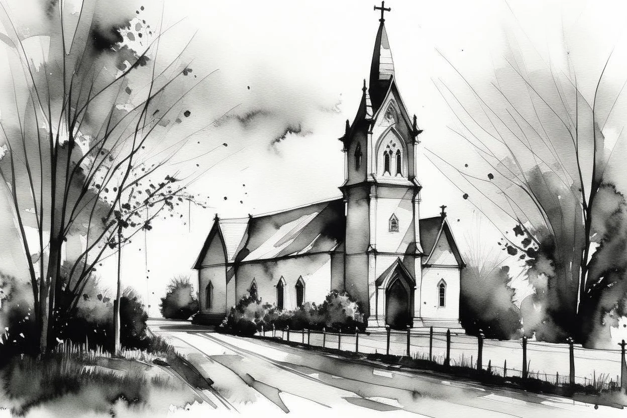 Portrait of an English church in black and white wet watercolour