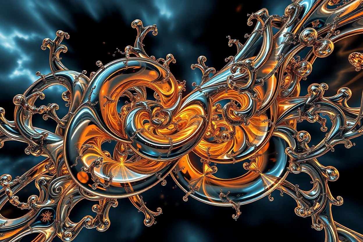 Dynamic complex hypnotic fractal 3D with horizontal Symmetry structures twisting and morphing between organic and geometric forms, smooth translucent iridescent glass with inner glow and bubbles, varied transparent materials, stormy skies, intense dramatic