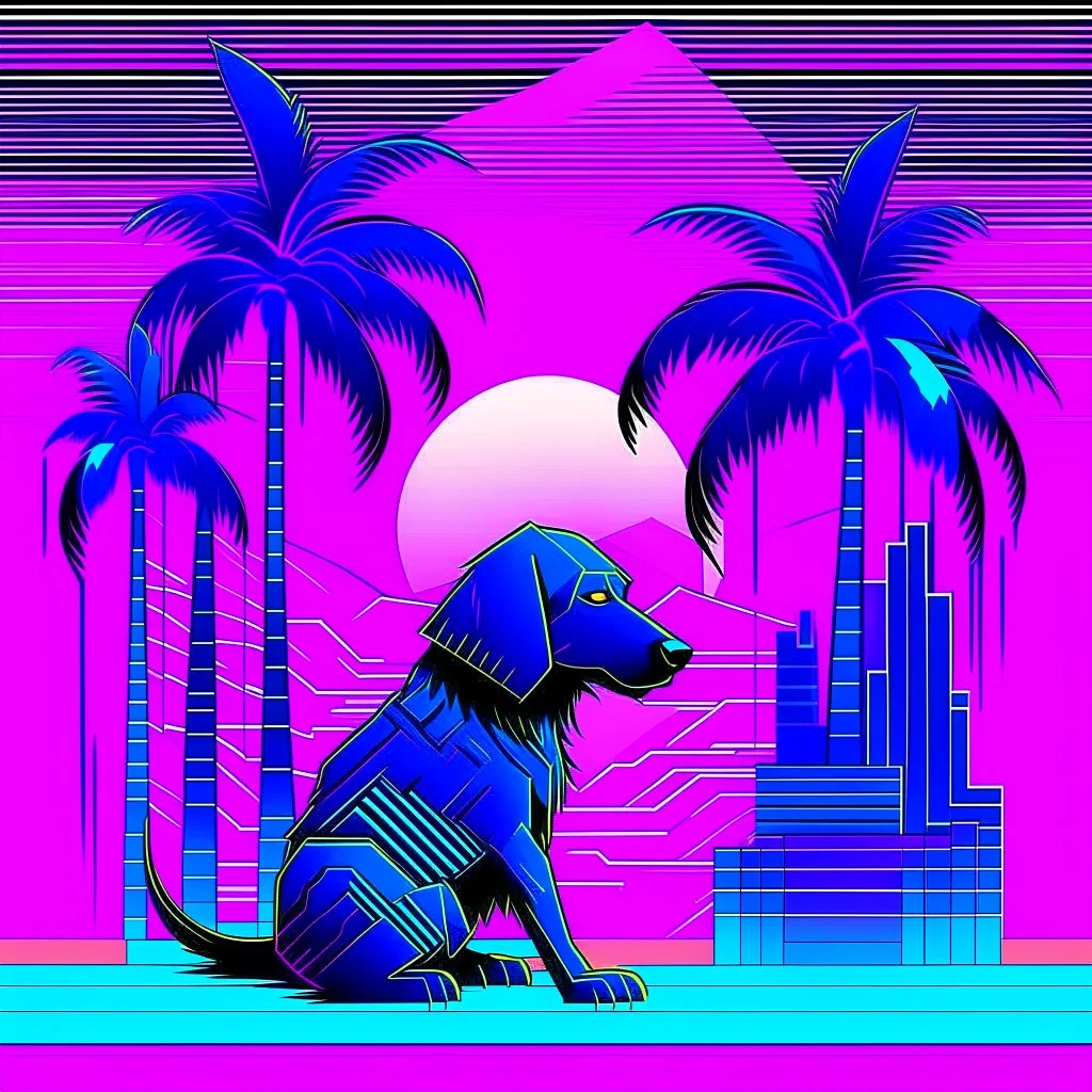 A 2D Vaporwave would depict the robotic dog from Doctor Who in bright neon purples, pinks, and blues, with digital glitch patterns, gradient transitions, and a retro-futuristic background of grid patterns, pixel art palm trees, and Japanese kanji characters, blending K-9’s boxy, angular form with the nostalgic and surreal aesthetics of vaporwave.