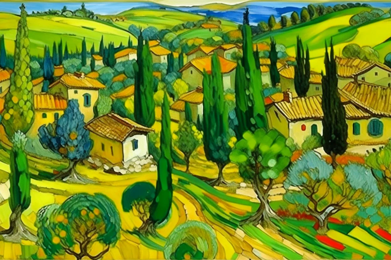 A yellow village with olive trees in daytime painted by Vincent van Gogh