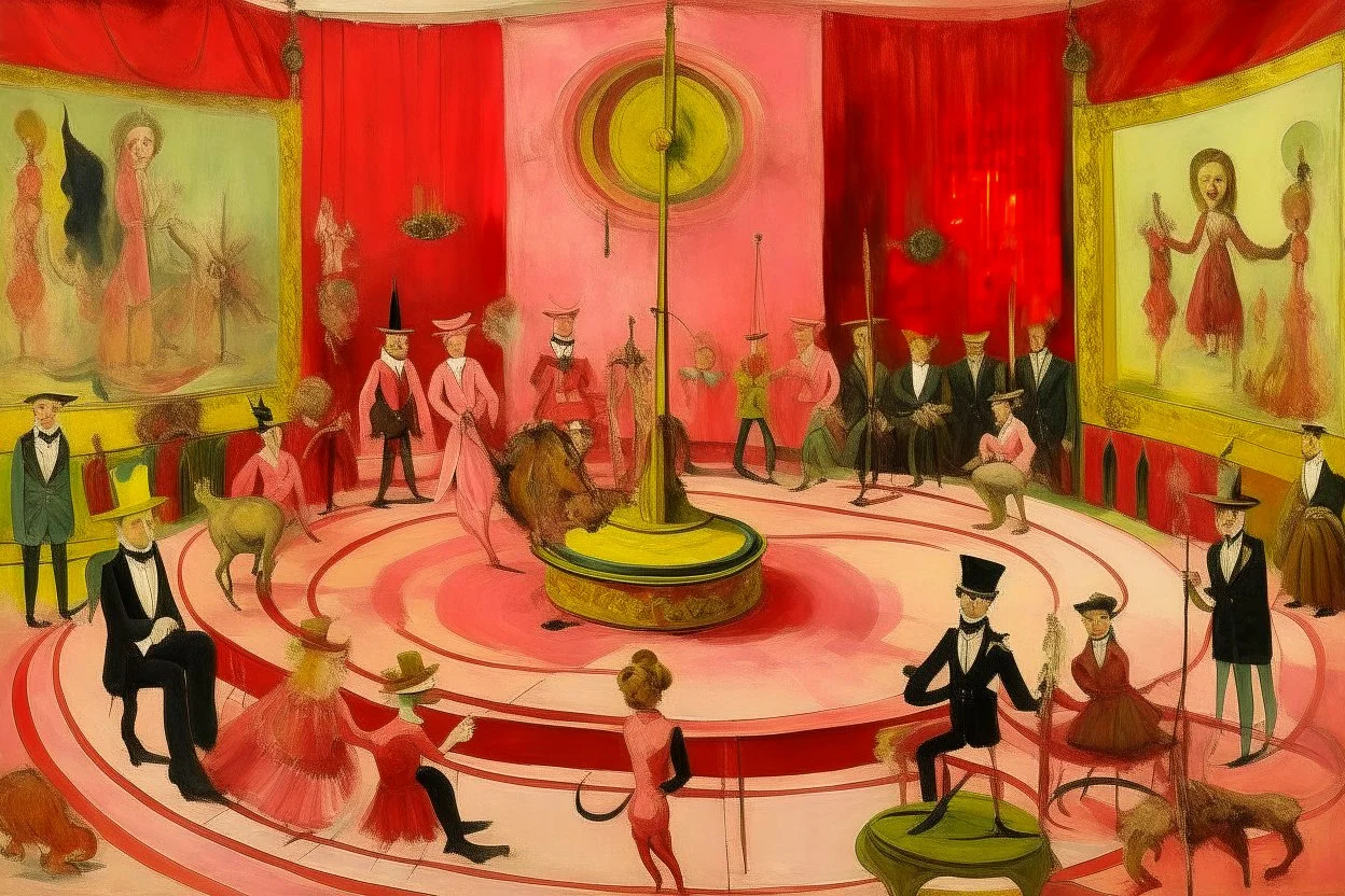 A pink circus made out of orchestra instruments painted by Edgar Degas