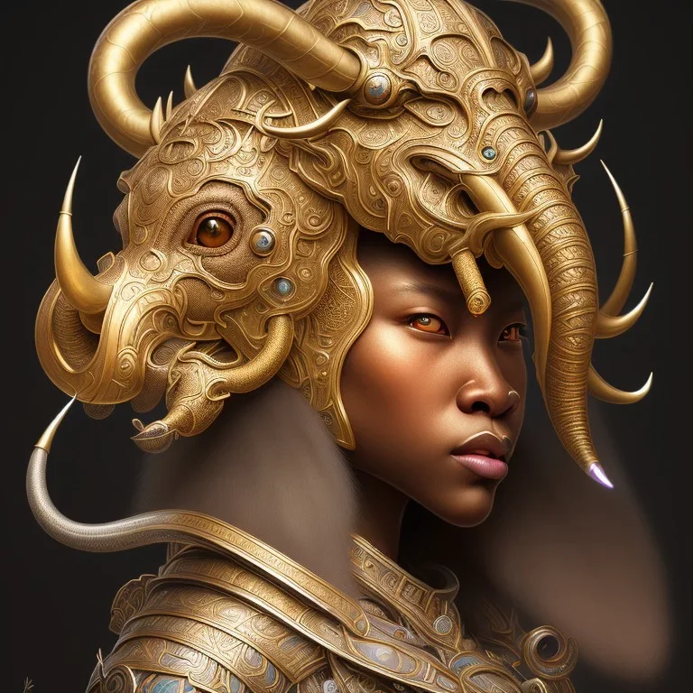 Sango fantasy, fantasy magic, intricate, sharp focus, illustration, highly detailed, digital painting, concept art, matte, art germ and Paul Lewin and Kehinde Wiley, masterpiece black elephant head bronze monkey Asian African girl nice breast Hawaiian hair turquoise golden waves