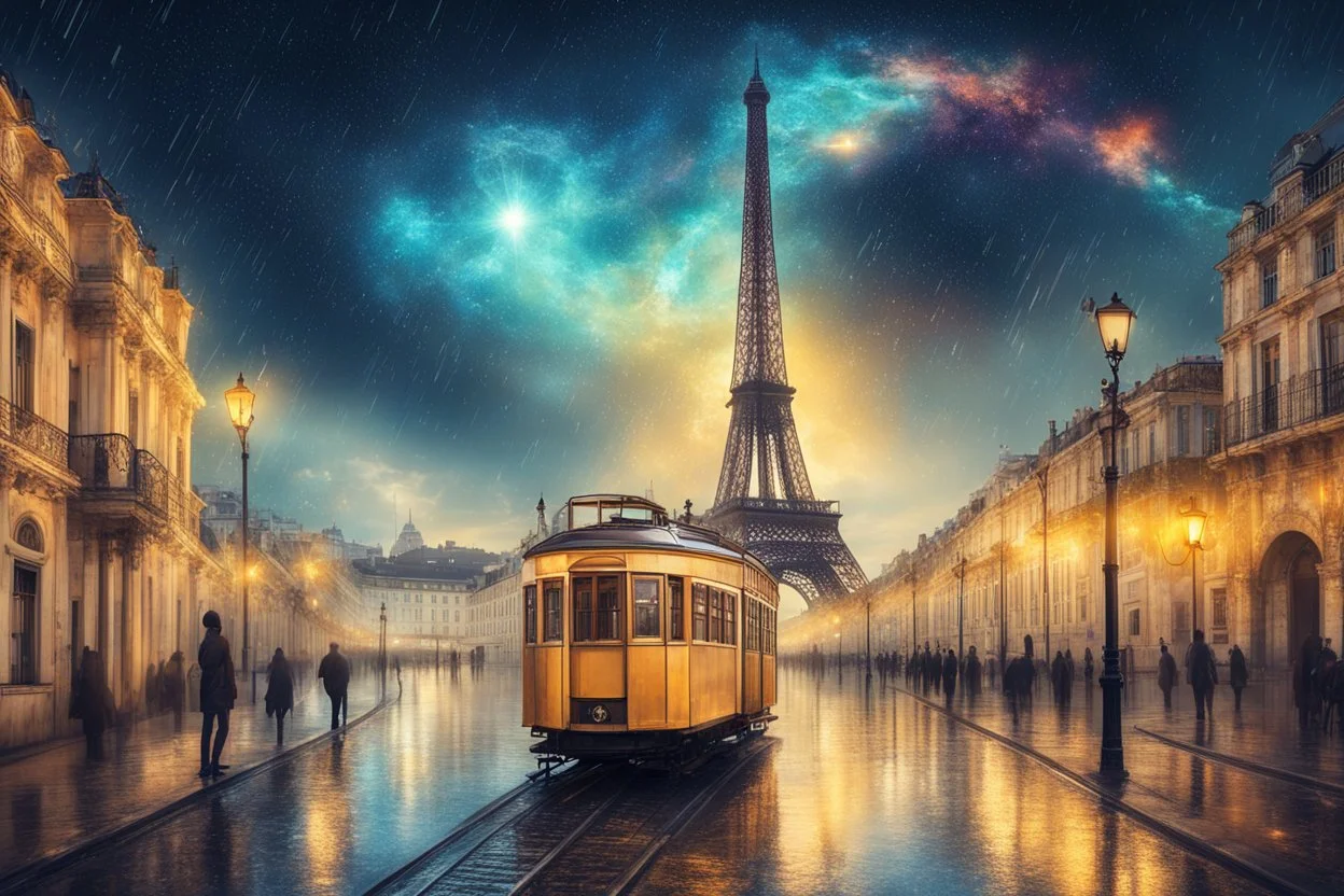 Lisbon city view in fantasy style with famous yellow tram, one eiffel tower in background, cosmic galaxy sky, dreamy, moody, afte rain