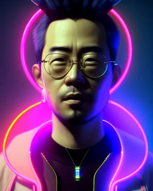 kyoto animation, cool asian man wearing cyberpunk intricate warcore, neon lighting tubes, beautiful, detailed portrait, cell shaded, 4 k, concept art, by wlop, ilya kuvshinov, artgerm, krenz cushart, greg rutkowski, pixiv. cinematic dramatic atmosphere, sharp focus, volumetric lighting, cinematic lighting, studio quality