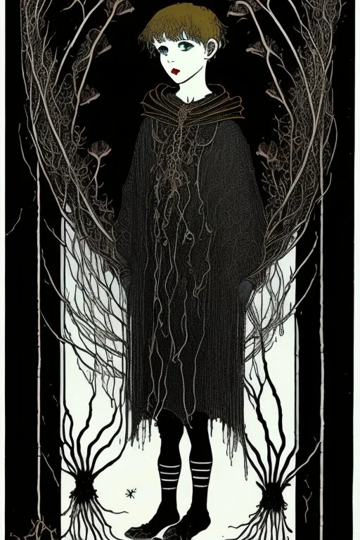 7 year old boy, friendly, looks dead, with weird mushrooms growing out of him, wearing black robes, in the style of Harry Clarke