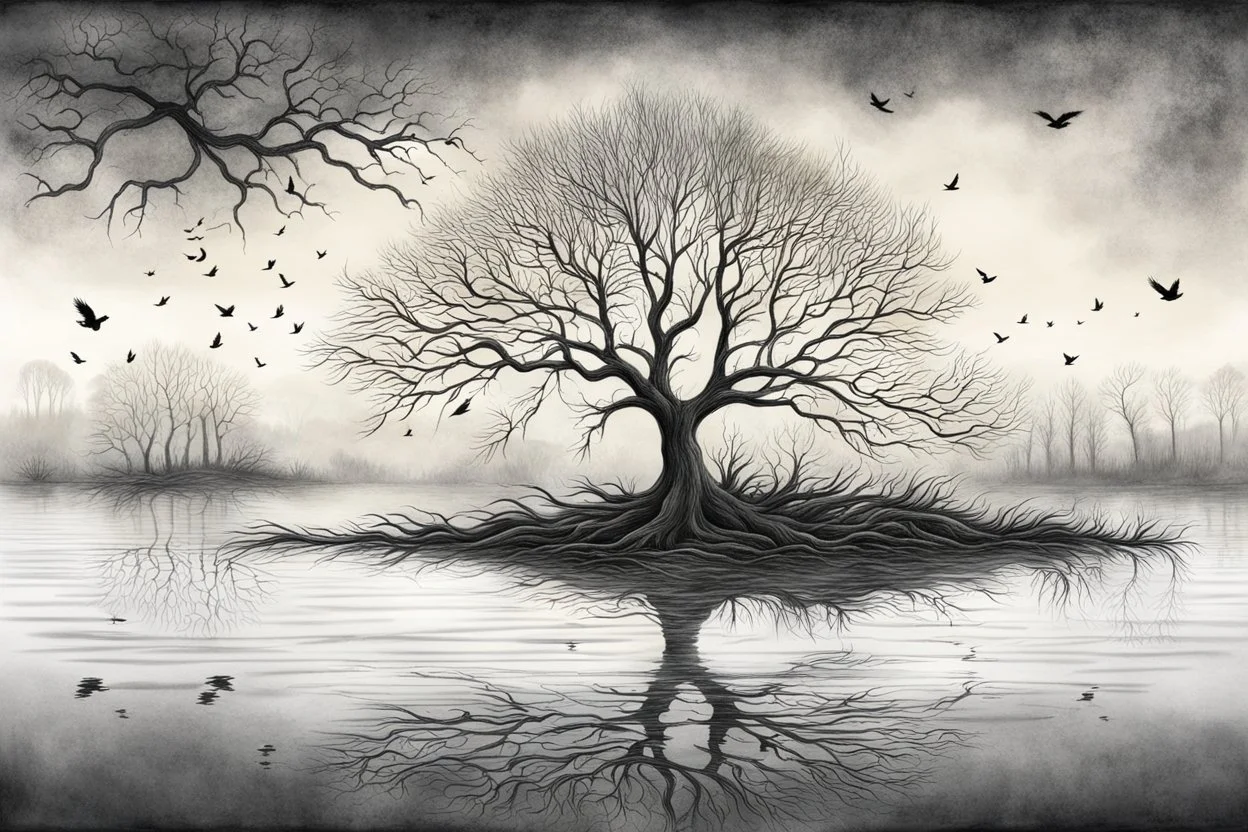 Illustration of a lonely dark tree with barren branches stands on a water's edge, reflected in the water, fog, crows in the sky, timelessness and dying, mystical landscape, pencil drawing