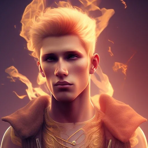 Male, Human, Blond, Sorcerer, Fire Mage, Golden Eyes, Young, Photorealism, Full Body Shot, Forest Background