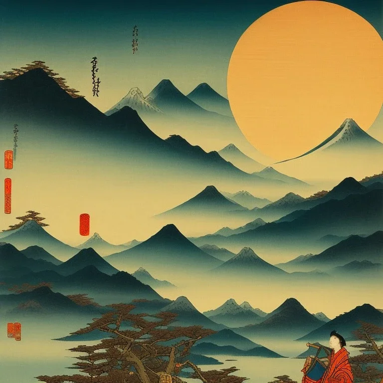 Ukiyo-e, mountains, sun