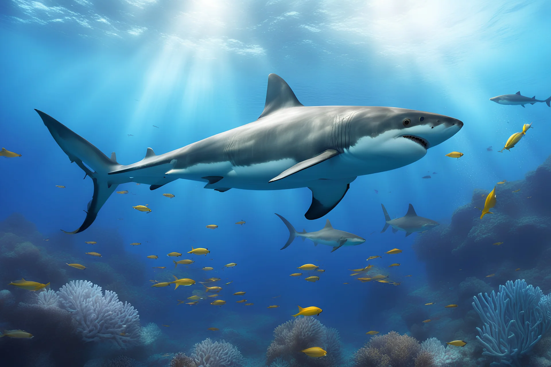 Cinematic scene and lights .REalistic,A breathtaking scene of a beautiful white shark, swim underwater,coral, sea life, fishs, underwater lights, balanced, with big sea deep landscape, scary