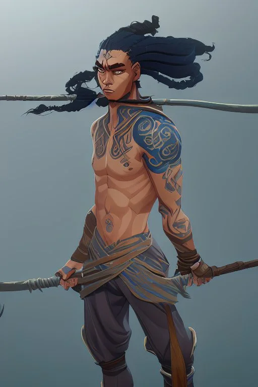 A young male water genasi with deep blue skin color, waterlike dreads on head. Shaolin monk with long stick weapon,