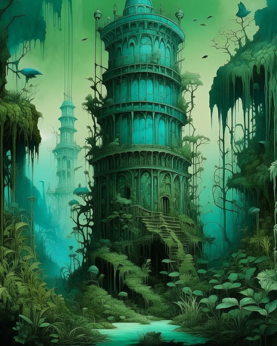 A bluish green tower in a toxic jungle designed in medieval tapestry painted by Leonardo da Vinci