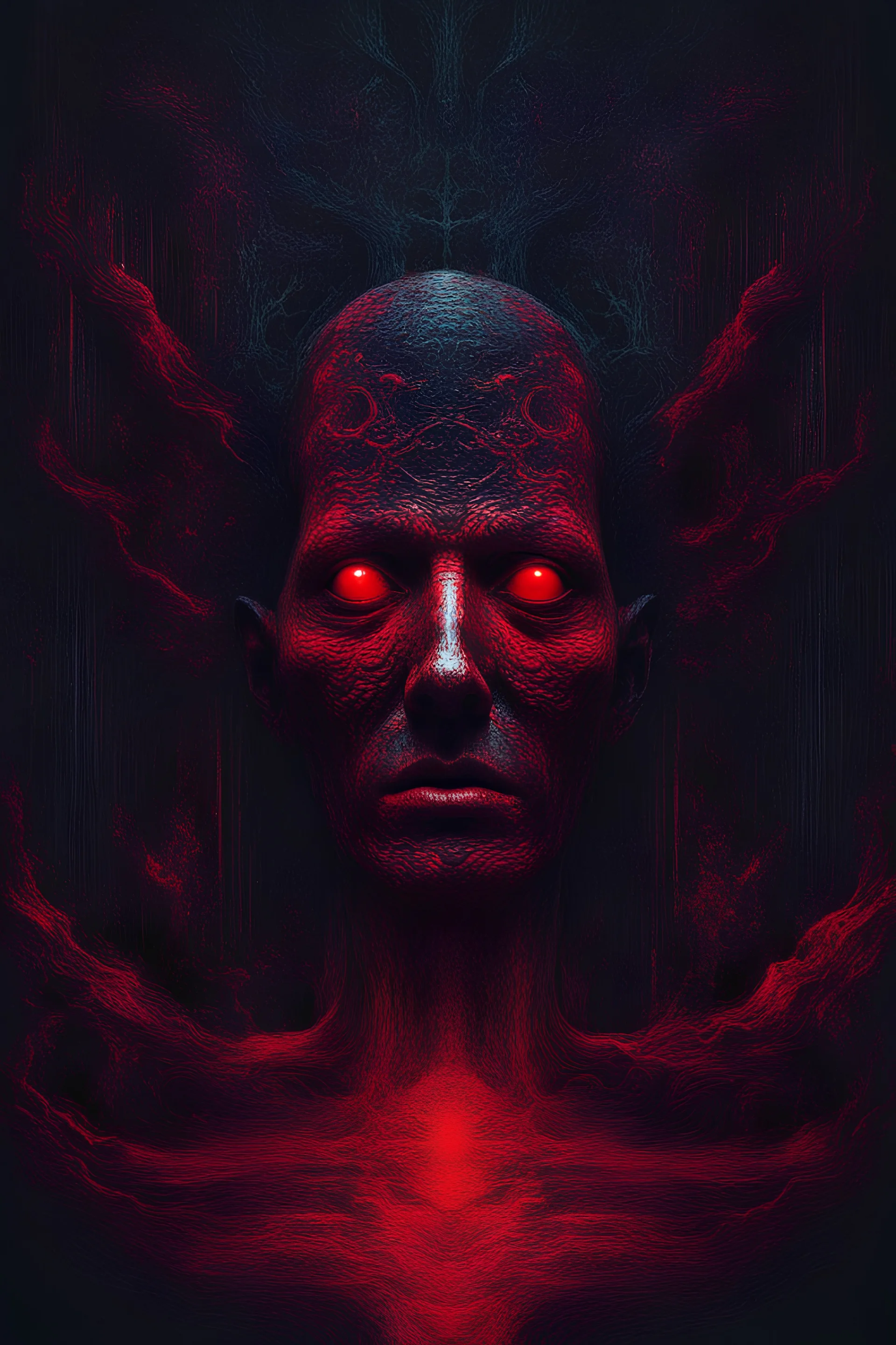 The ego is lost in the dark meanders of the mind where horrible monsters hide, mental disease, surrealism, cosmic black and red, intricate background, Neo-Gothic digital glitch art, photorealistic