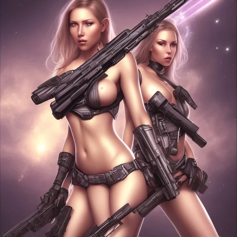 A girl with big naked breasts and beautiful and large military rifle in the galactic Purple space