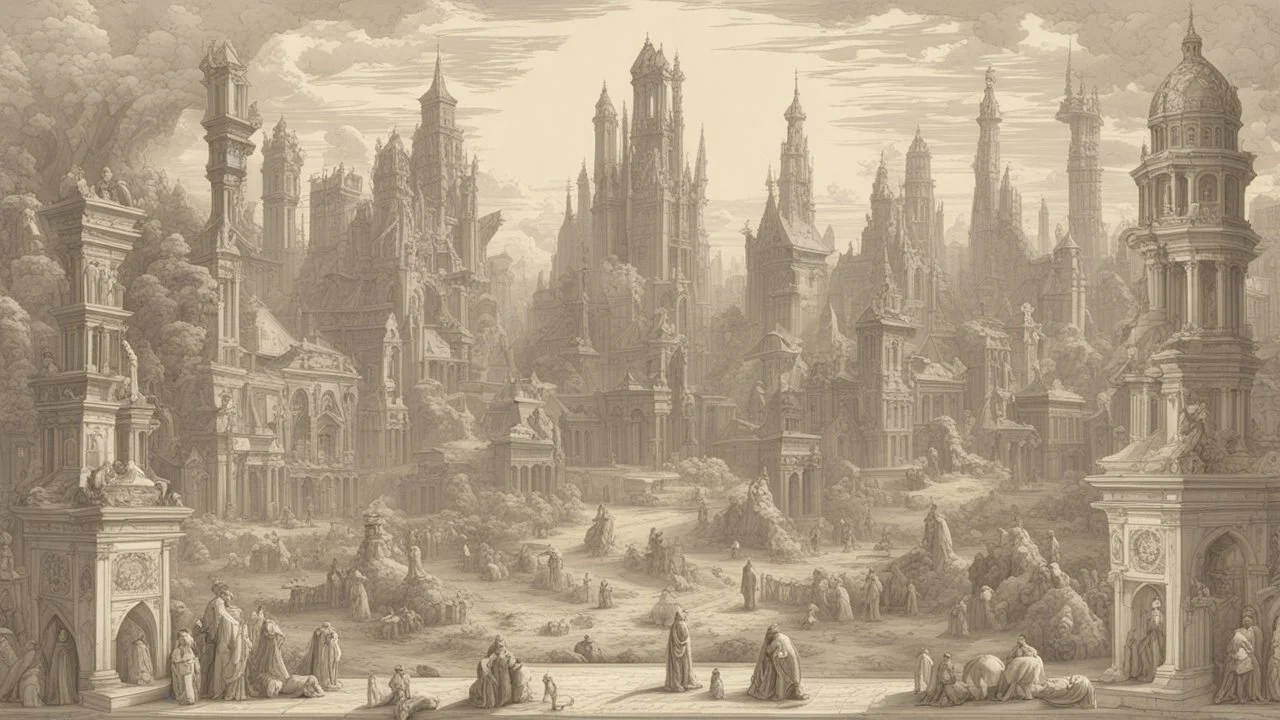 Depiction of an elaborate fantasy cityscape with various architectural styles, including classical and gothic elements, with statues of humans, animals, birds, and mythical figures with multiple levels of buildings.