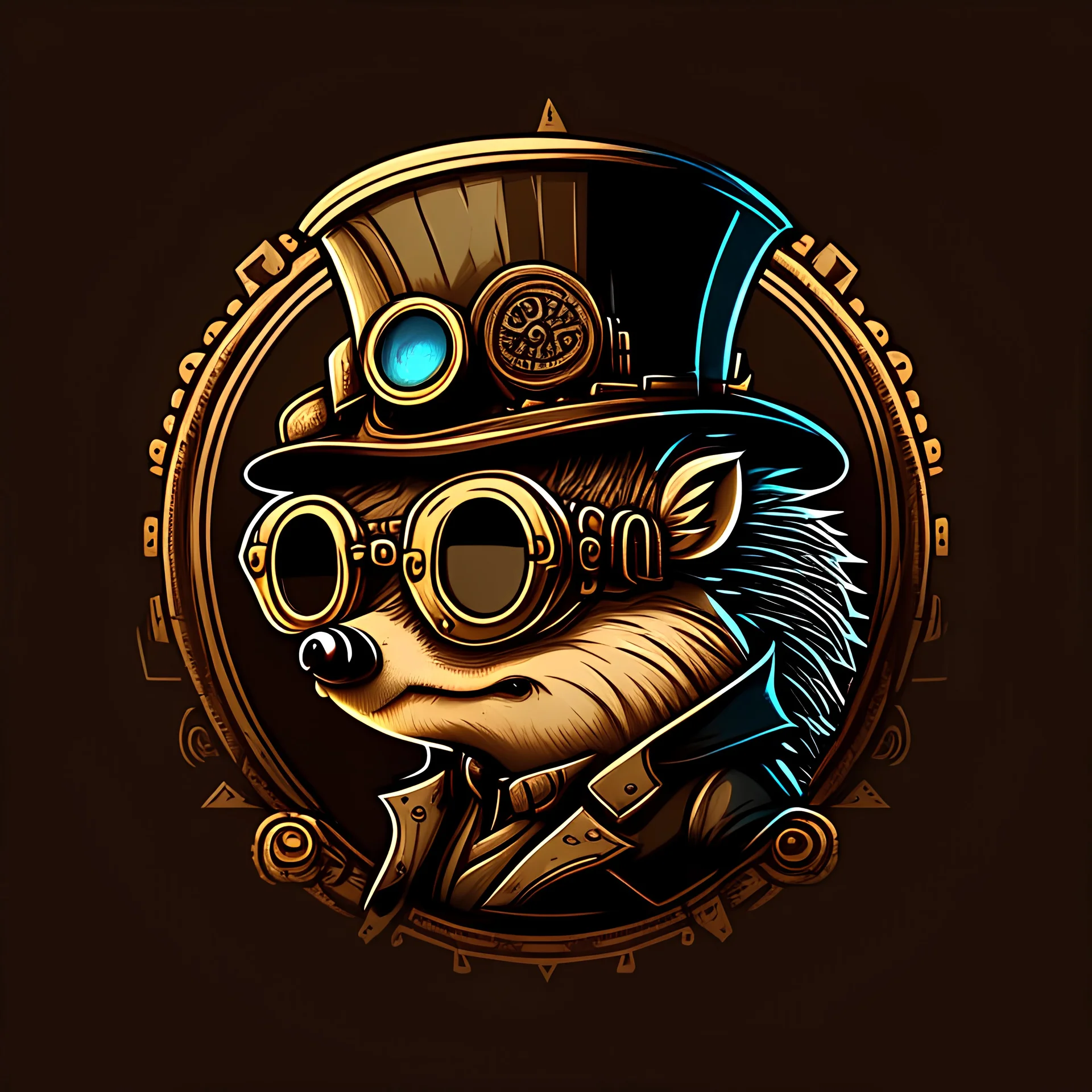 logo profile hedgehog wearing steampunk googles and hat, flat cartoon style dark background