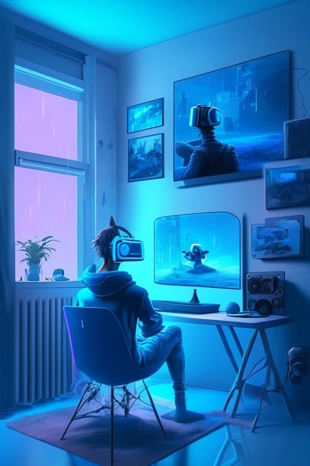 Metaverse artist 3d character seating in front of computer and make something on their screen wear VR Box a blue fog volume light coming from side window realistic interior with lot of technology gadgets some painting and poster on wall.