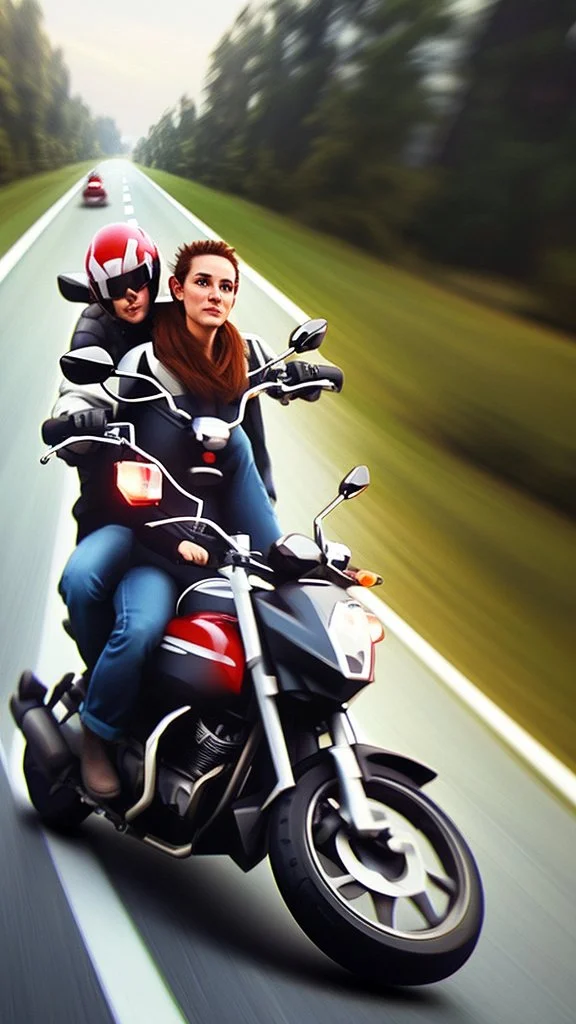 A couple speeding on a motorcycle realistic