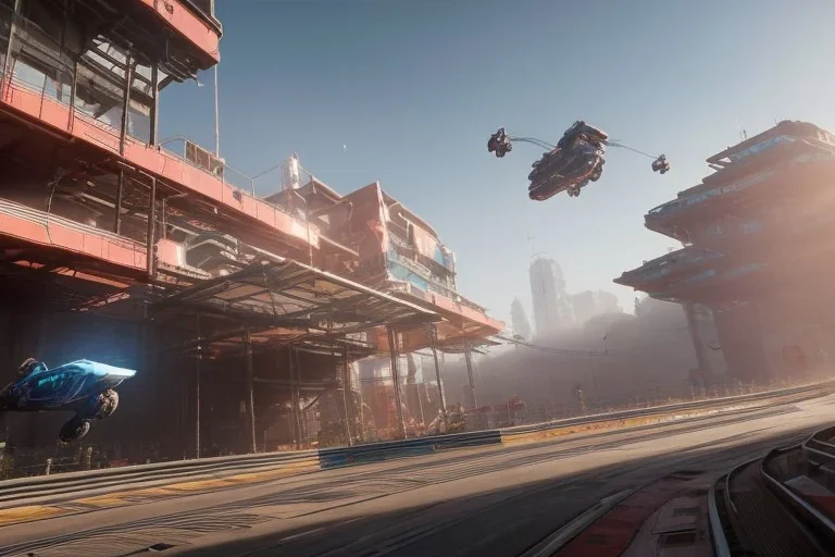 Futuristic, anti-gravity formula racer, hovering above track, no wheels, cyberpunk style, fog