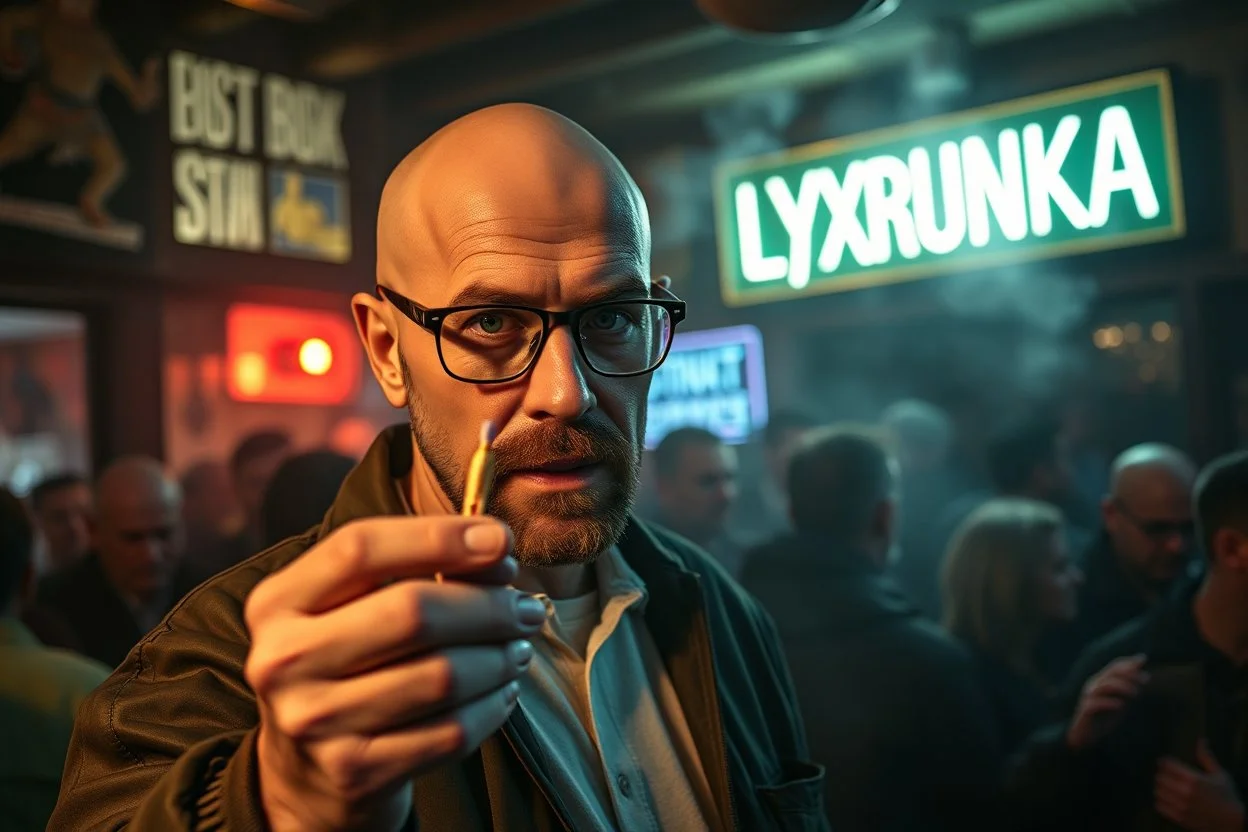 man looking like "Walter White" in breaking bad tv show, bald and goatee glasses, holding condoms in a crowdy slum bar, smoke and light from windows. a sign with the word "LYXRUNKA" on the wall