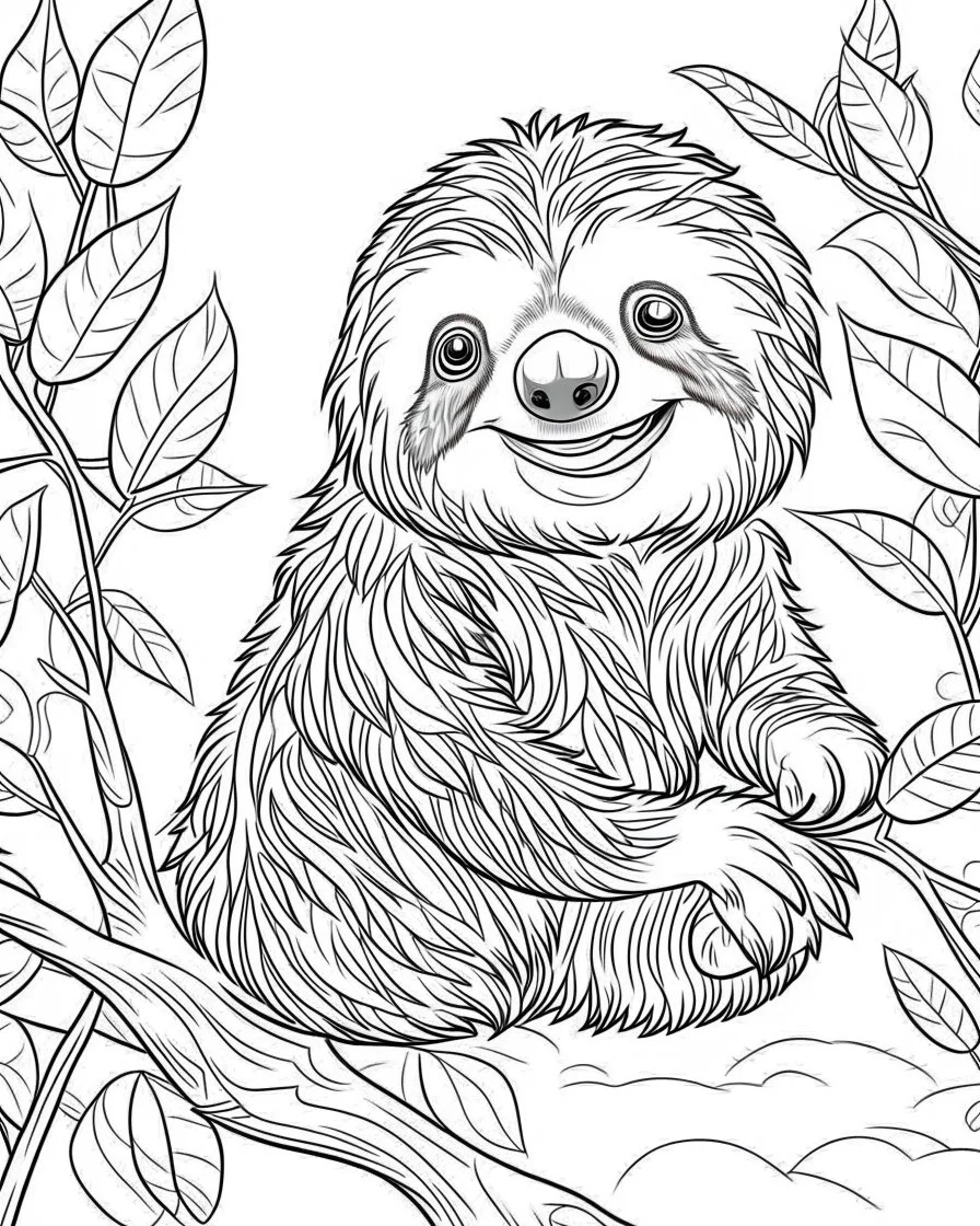 create a 2d black outline, "safari smiling cartoon sloth on a branch coloring book for kids", coloring page, low details design, black contour, coloring page design, simple background, colorful , card style, coloring page for kids, white background, sketch style, safari landscape, cartoon style