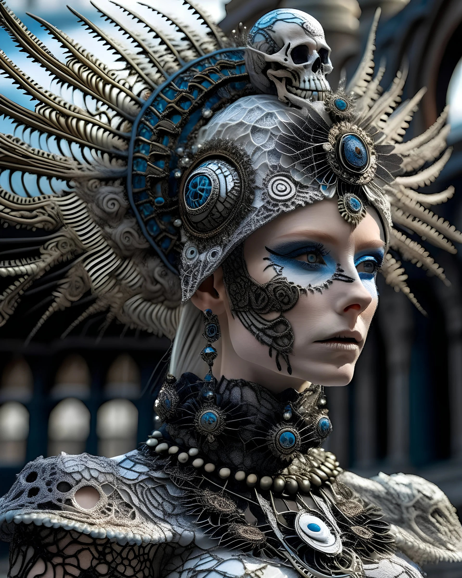 Solarpunk ivory carved filigree woman portrait adorned with decadent goth headdress and half face masque solar punk armour dress ribbed with quartz agate azurit and obsidian metallic filigree dress and armour and embossed solar punk headdress organic bio spinal ribbed detail of rainy gothic cityscape bokeh background