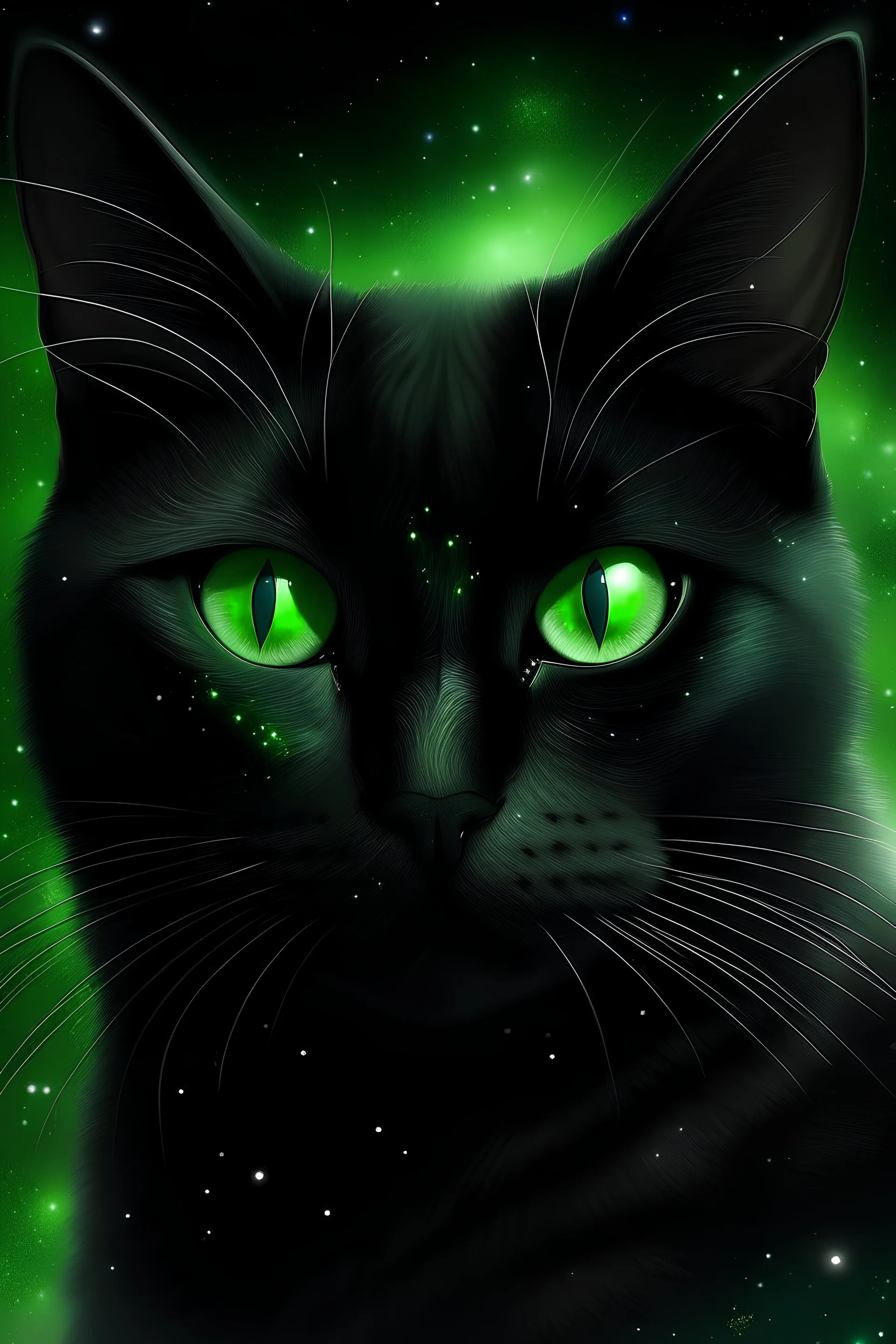black cat with green eyes surrounded by stars, fantasy art