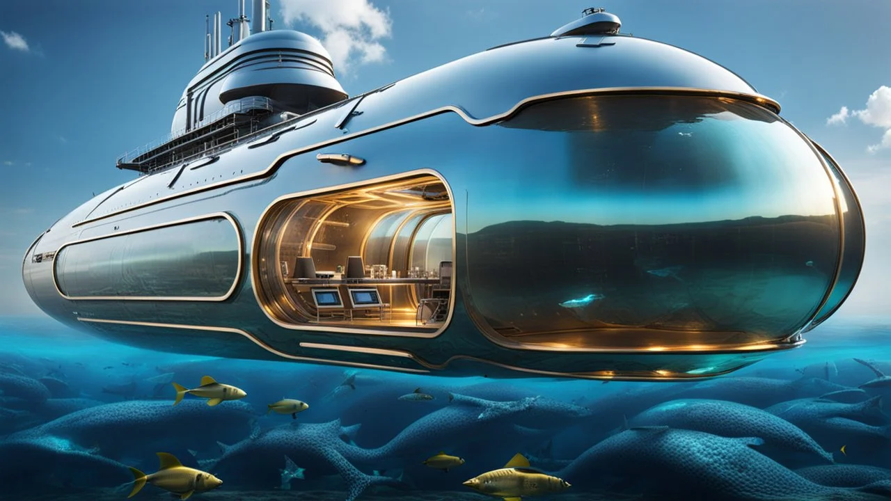 An unique futuristic glass and metal submarine in the ocean, with large of water surrounding it. The submarine bottom positioned in the center of the frame, providing a unique perspective on this streamlined high-techstructure and interior equipment underwater, high detalied, sharp focus, best shot, sci-fi mood