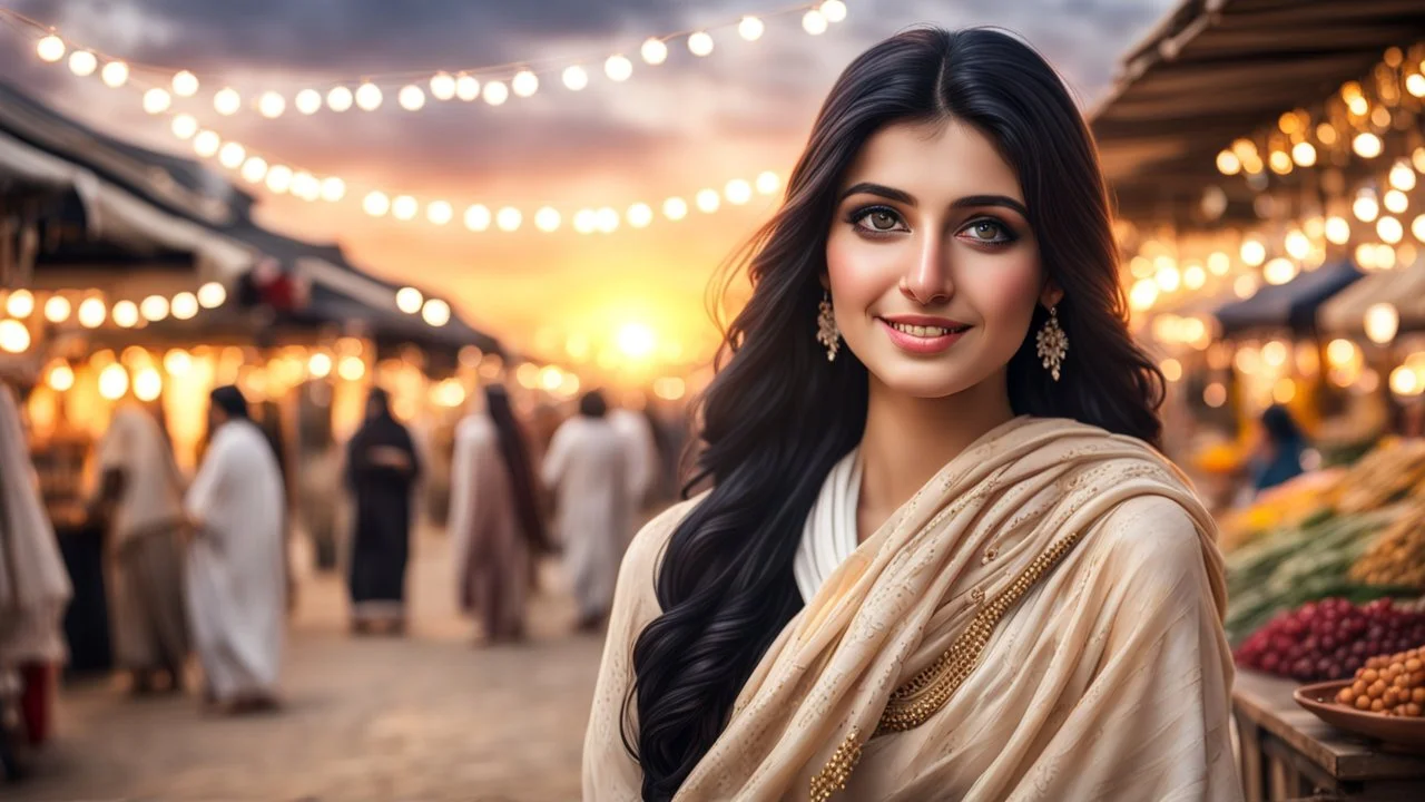 Hyper Realistic Beautiful Happy Pashto Woman with Beautiful-Kajal-Eyes & Long-Black Hair wearing Beige-Dress-&-White-Shawl in a market with garland-lights-&-some-shops with traditional environment at cloudy sunset showing dramatic & cinematic ambiance.