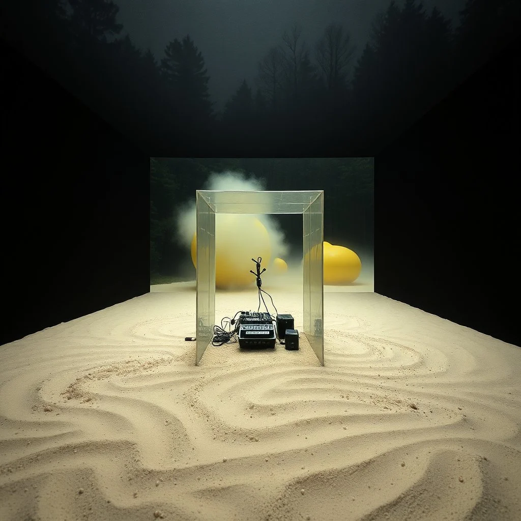 A photo of a closed environment in a dark closed space. In the background there is a forest. Più piani si intersecano. At the center, a structure made of plastic. Some electronical devices. Plants, clouds. Max Ernst. The surface below appears to be sandy, with small accumulations of sand, scorrere dell'infinito. Fog, powder. In the background, other forms or structures are visible, pastel colors, yellow. The photo was taken with a Hasselblad H6D 400c camera.