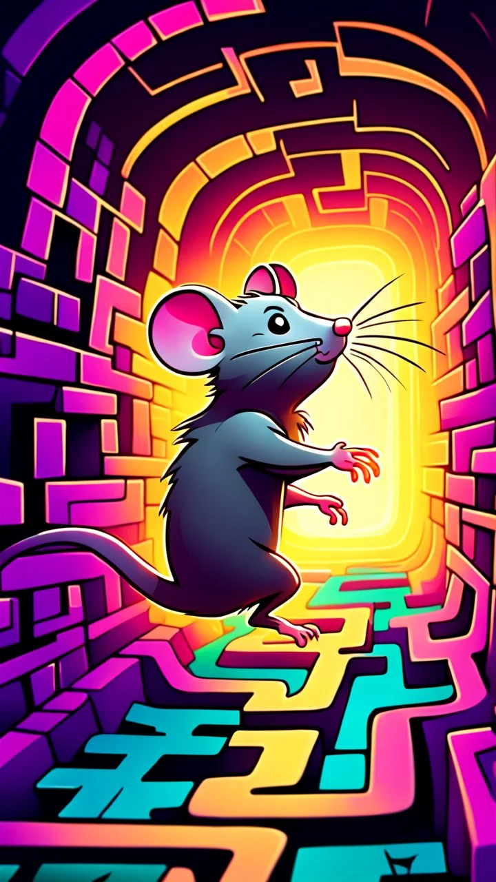 Sneak: "A cartoon rat glowing slightly as it dashes quickly through a maze, whimsical dungeon environment, playful, exaggerated motion, fantasy illustration, vibrant colors."