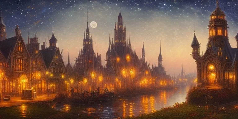 gothic painting of a victorian city in a fantasy starry night