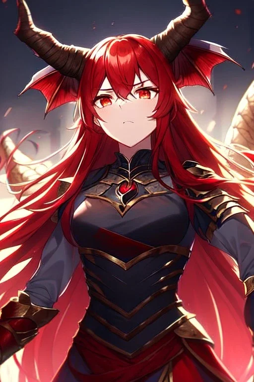 girl, masterpiece, best quality, cinematic lighting, detailed outfit, vibrant colors, perfect eyes, long hair, red hair, red eyes, dragon girl, armored clothes, angry, looking down, dragon horn,