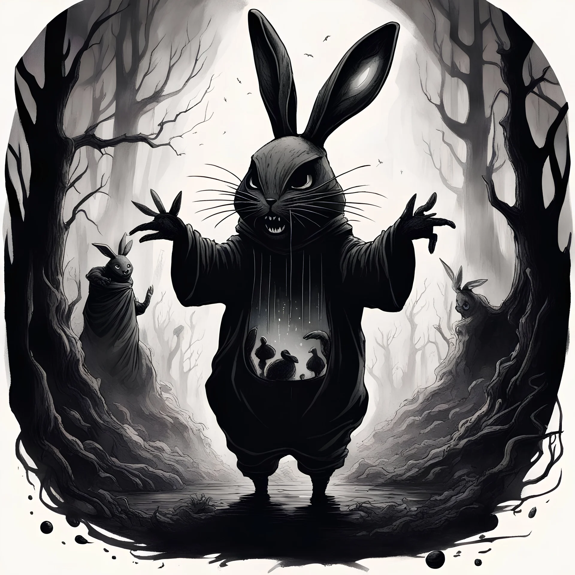 dramatic dark fantastical ink illustration, double exposure sinister face of an anthropomorphic ghostly fanged monster Bunny layered over cultists in ill-fitting tattered floppy-eared bunny onesie costumes dancing around a magical shining black egg cracking with dark energy, levitation, swamp at midnight, "Pan's Labyrinth" aesthetic, complex contrast, dynamic composition, sinister, unsettling, photo layering, masterpiece, scary, weird