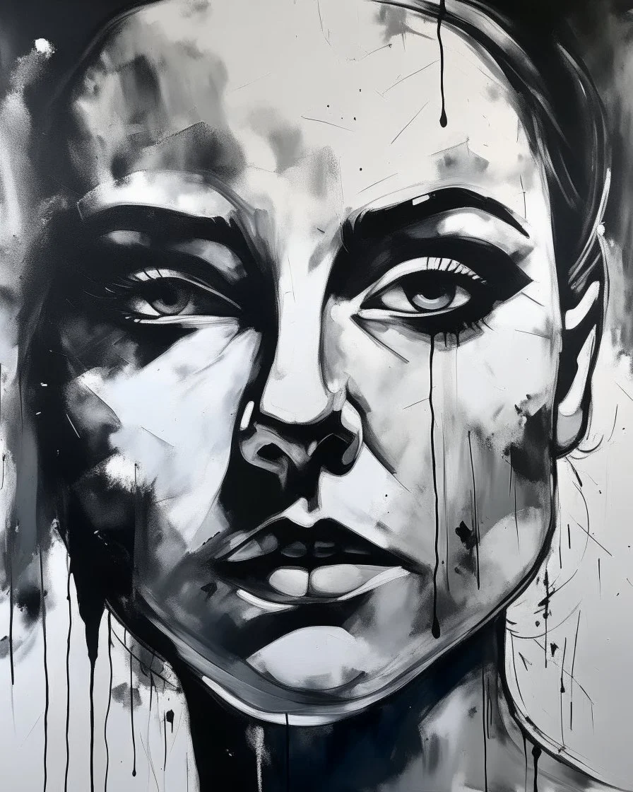 Painting of a face in black and white and some grey, minimalism, kandisnky, not real