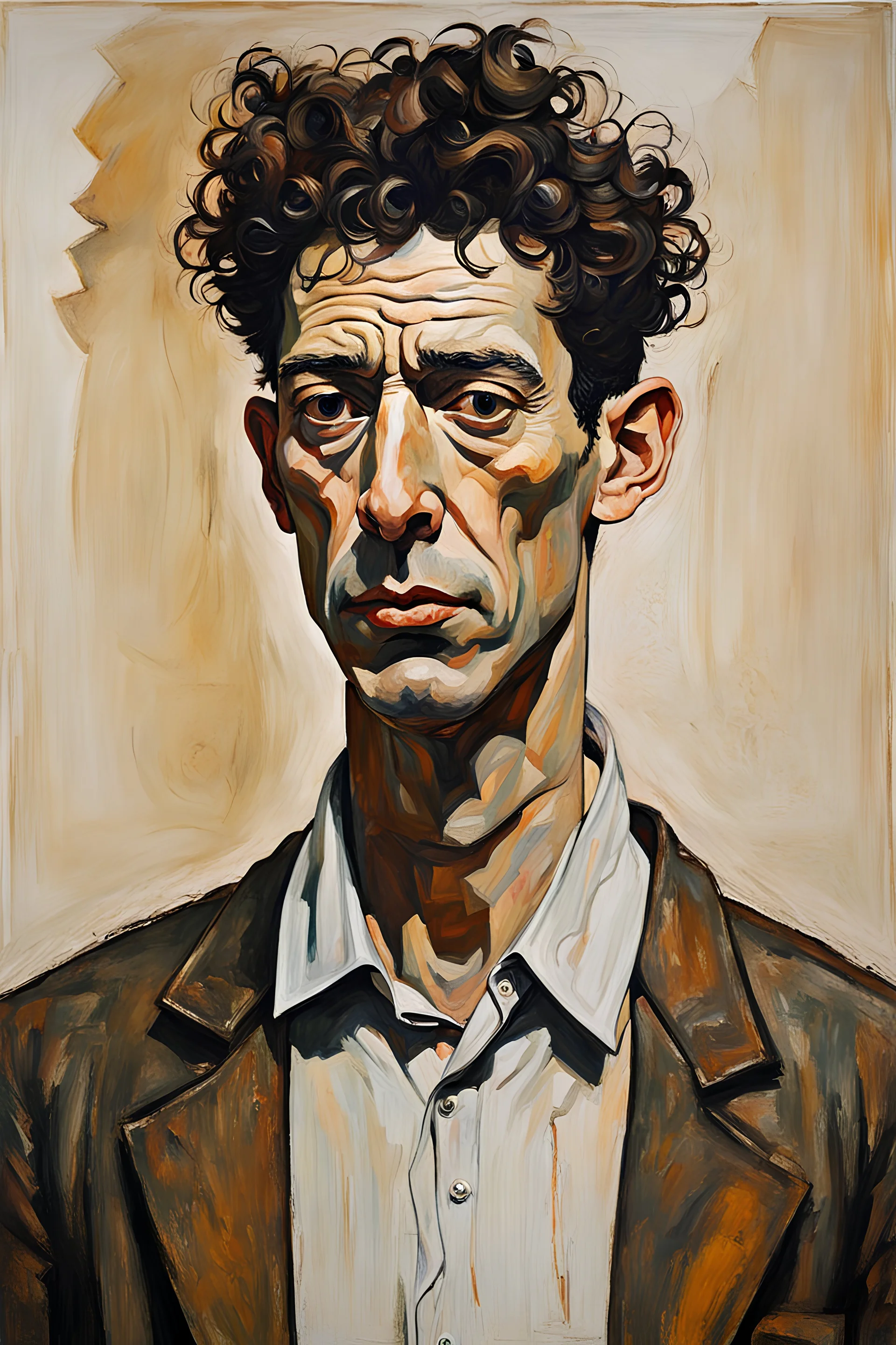 painting of a man in the mixed style of Alberto giacometti Egon schiele Lucian Freud