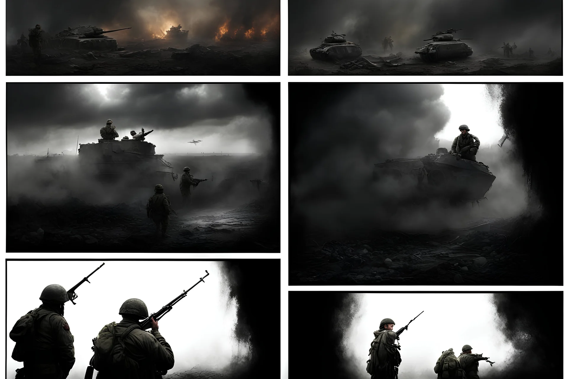 Masterpiece1:5)(Fineart), (award-winning:1.5), highest quality, (ultra realism:1.5) war journalism(,(by Tim Page and Hoorst Faas:1.5))(photorealistic:1.8), (Eastern Ukraine:(panel one:the moment after a battle ends, horrors of war, wounded men),(2nd panel, cinematic shot of men sitting in trench with 1000 yard stare (focus on their eyes:1.5)),(the third panel shows troops tired but hyper alert), (the fourth panel shows the sky is filled with incessant, fire and smoke,)
