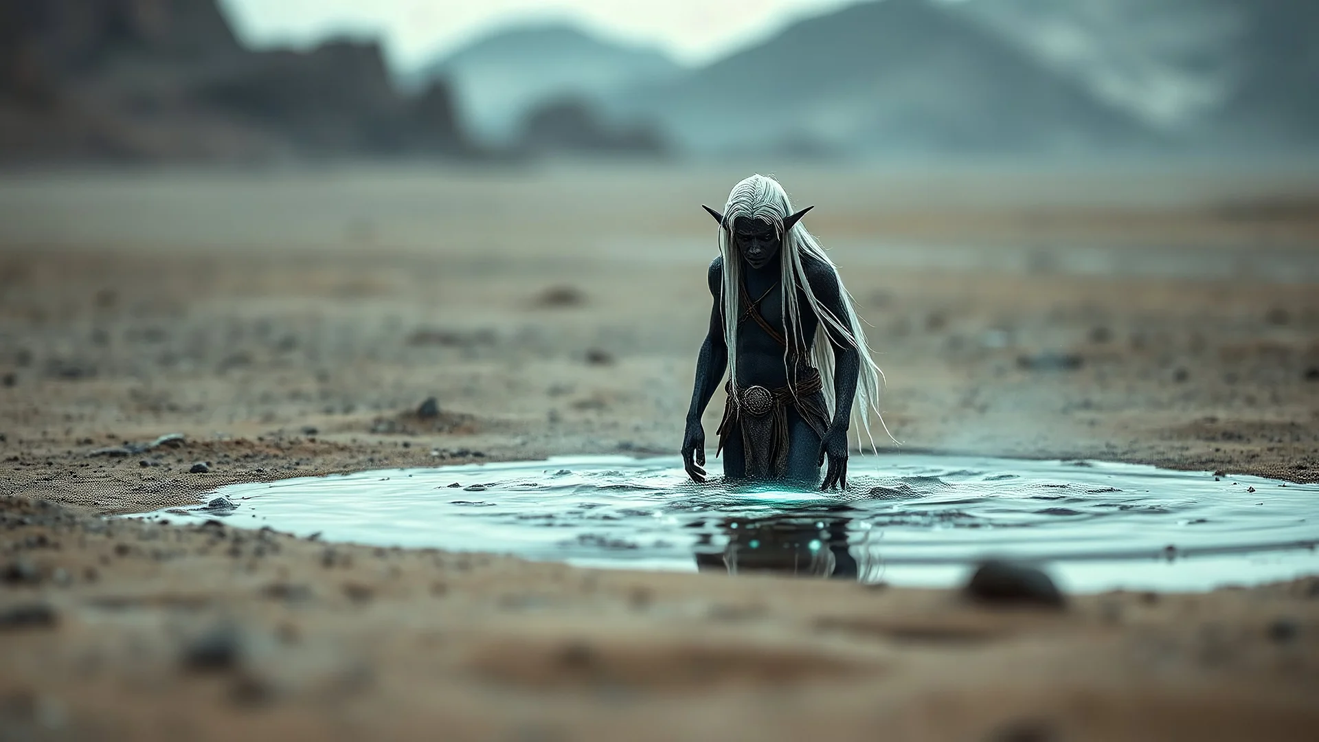A hyper realistic photo of: Some forgotten realms strong dark skinned drow elf with long white hair wades into a strongly dark grey colour emitting magically radiating and bubbling color pool in an endless windswept level landscape of only sand and grit. photorealistic, bokeh, masterpiece, smooth shading, ultra detailed, high resolution, cinematic, unreal 6, subtle shadows, octane render, 8k, cinema 4d, HDR, dust effect, vivid colors