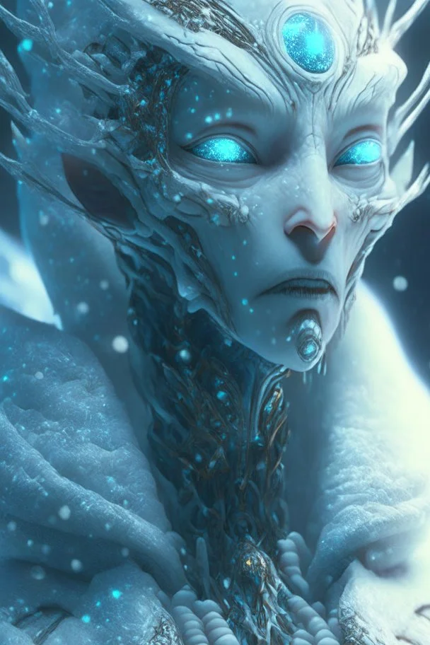 Snow alien ,hyper detailed, digital art, trending in artstation, cinematic lighting, studio quality, smooth render, unreal engine 5 rendered, octane rendered, art style by klimt and nixeu and ian sprigger and wlop and krenz cushart