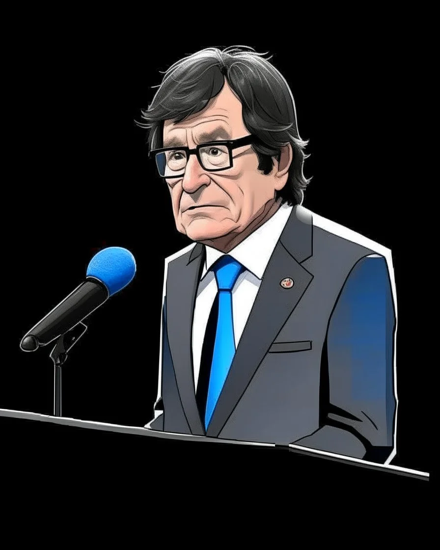 Caricature of Javier Milei, president of Argentina, with glasses, reading at a lectern with a microphone, before the pulication. Behind Javier Milei there is an Argentine flag. Colors of the image, red, black and white