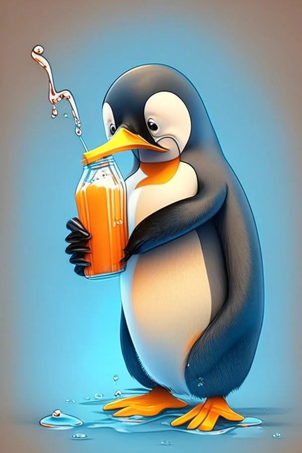 Cartoon character penguin drinking juices