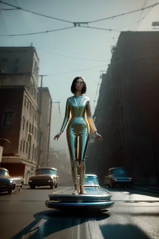 Ultra Realistic retro sci-fi, 1960 year, levitating all cars, young woman quiet, latex suit, soft color, highly detailed, unreal engine 5, ray tracing, RTX, lumen lighting, ultra detail, volumetric lighting, 3d, finely drawn, high definition, high resolution.