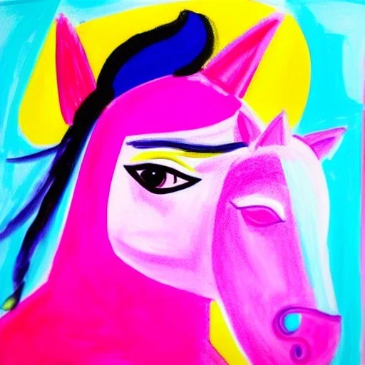 Retrato de una niña muy guapa llamada Dalia Santiago Arnau montando un unicornio rosa con el estilo de Pablo Picasso