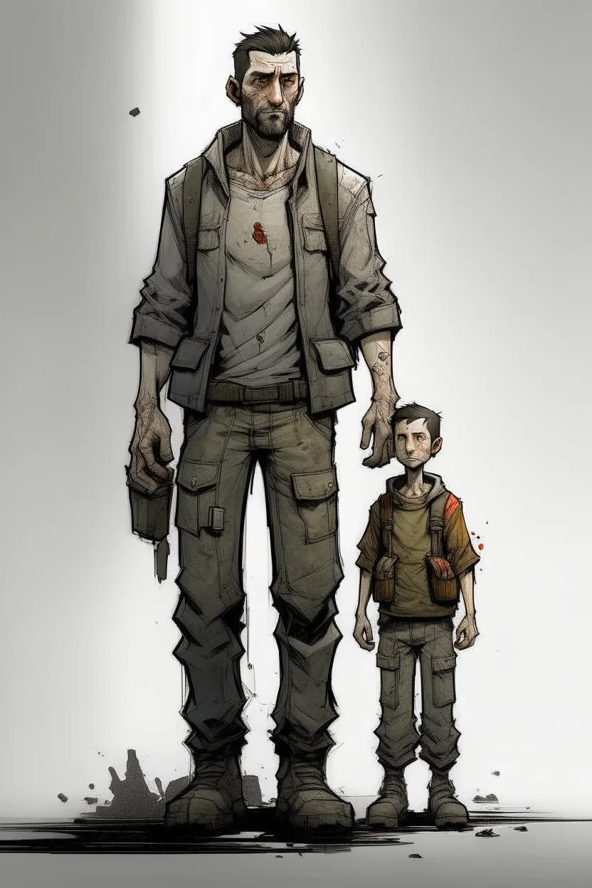 man, father, full body, looking serious, comic book, post-apocalypse, grey background