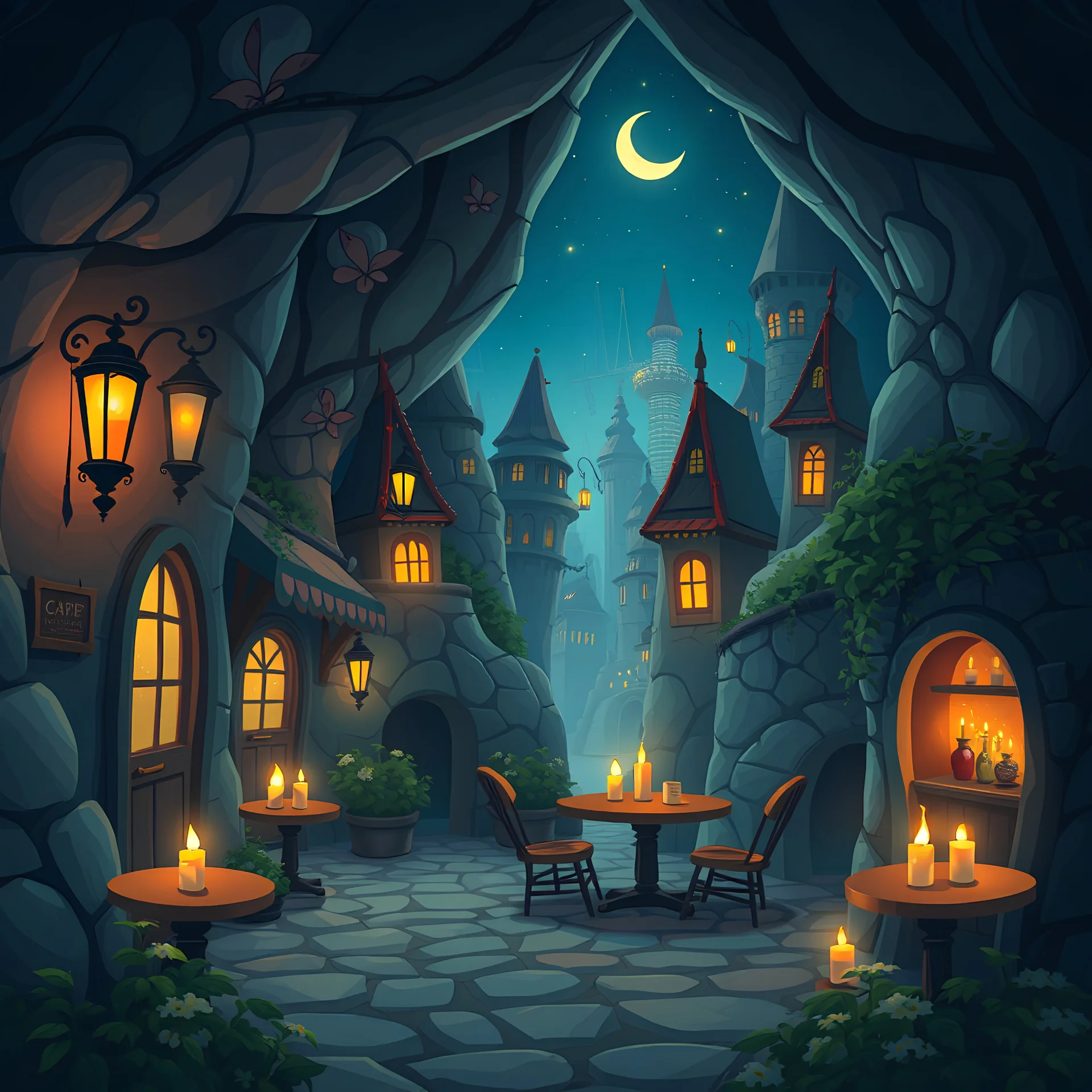 Cartoon whimsical fantasy nighttime underground city cafe lit by candles