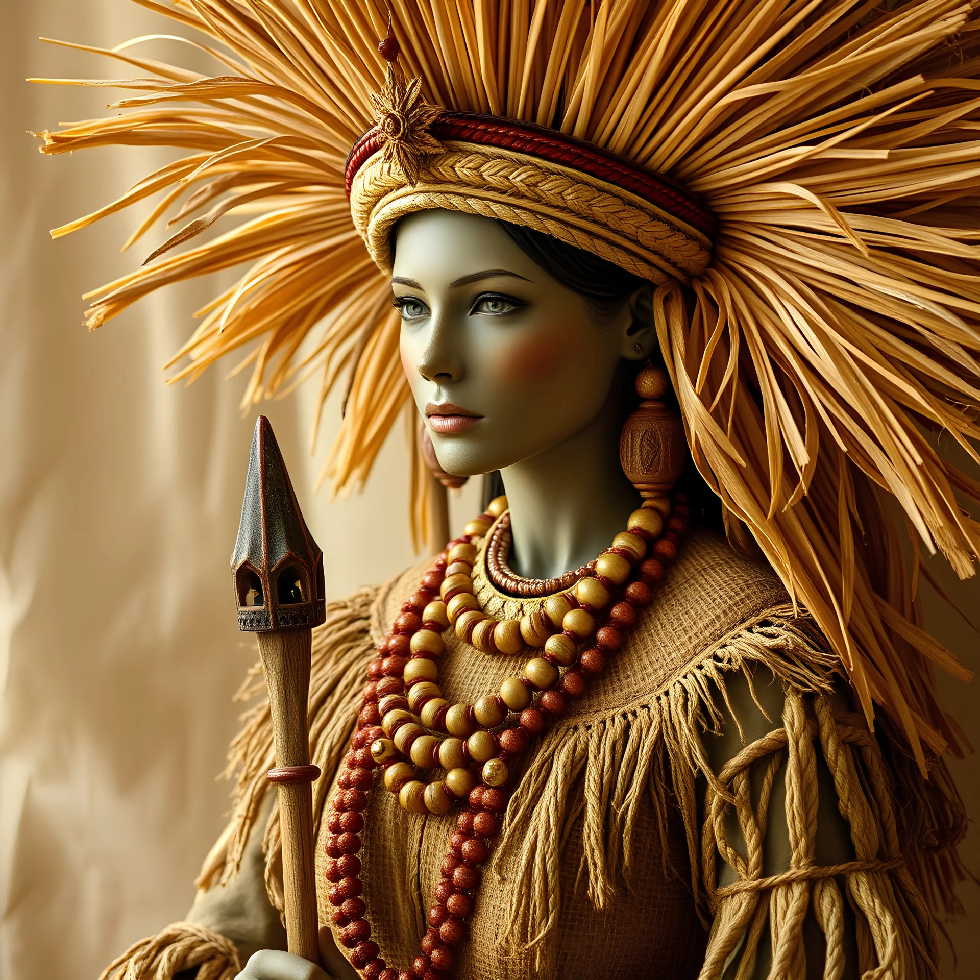 Queen of the primitive tribe, straw decoration, shabby stains,full body
