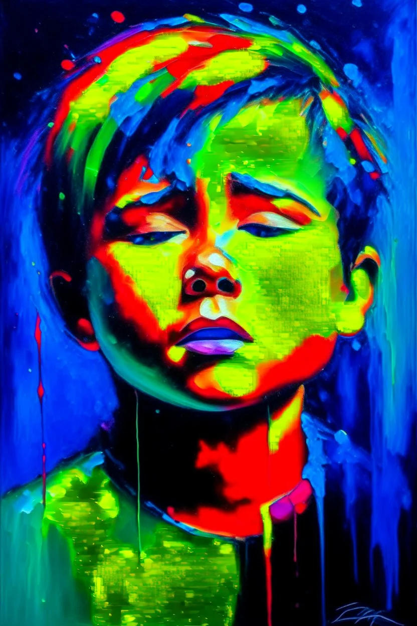 A boy crying sad in abstract expressionist painting in vivid colors, thick impasto brushstrokes, spontaneous drips and splatters, texture and movement, explore emotions and ideas through non-representational forms --v 5.2