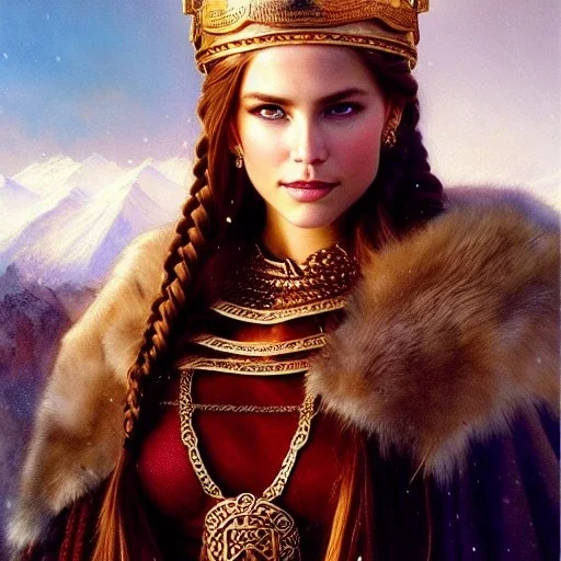 portrait beautiful face viking queen,braids,busty,,snow,castle,mountains,ancient leather armor, balanciaga fashion clothe painting by gaston bussiere, greg rutkowski, yoji shinkawa, yoshitaka amano, tsutomu nihei, donato giancola, tim hildebrandt, oil on canvas, cinematic composition, extreme detail,fit full head inside picture,16k