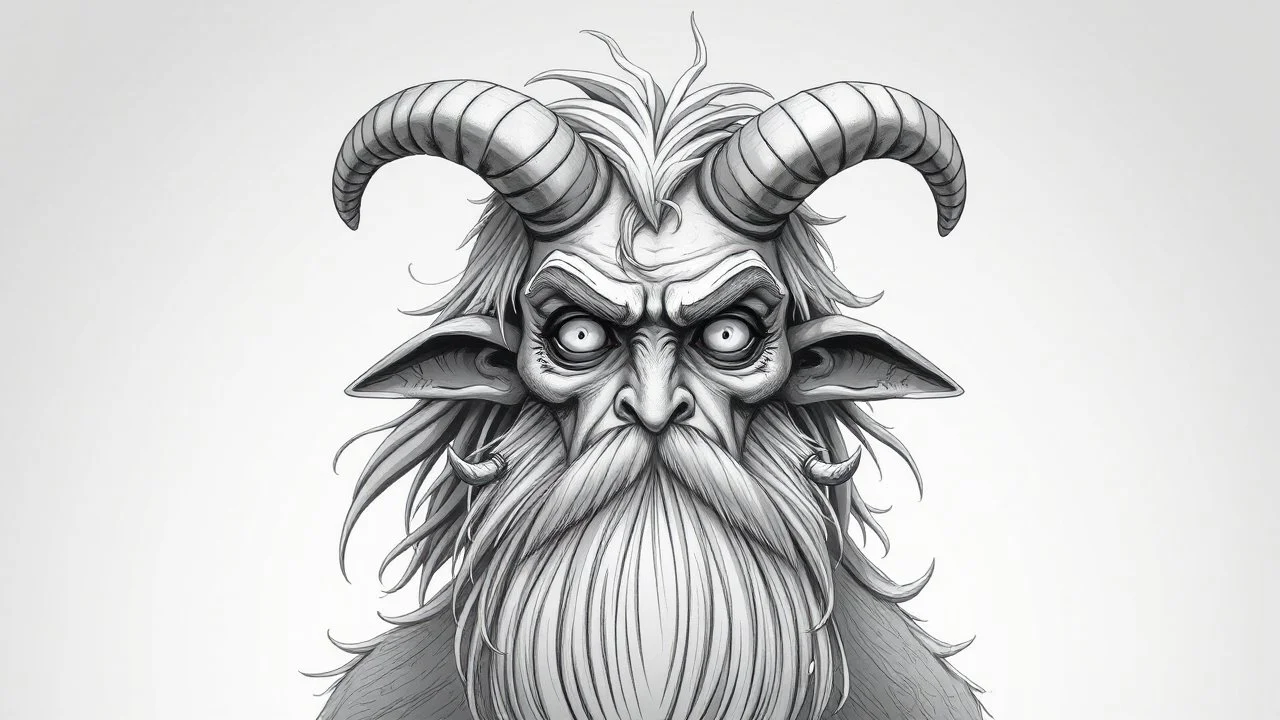 Monochromatic, highly detailed digital illustration featuring a fantastical creature with a humanoid face. The creature has a long, flowing beard and hair that appears wild and unkempt. It has a pair of large, curved horns protruding from its forehead and two smaller, tusk-like horns emerging from its cheeks. The skin is textured and appears rough, with a pale, almost ghostly complexion. The eyes are wide open, giving an intense and somewhat eerie expression. The background is a gradient of ligh