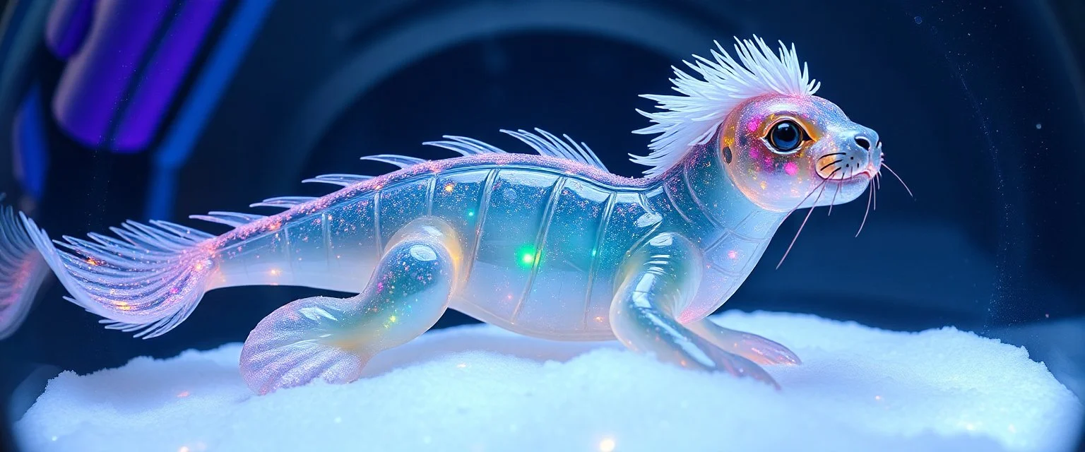 The image depicts a fantastical glitter dragon squid squirrel snow soup, specifically a transparent with neon plasma aura, with a unique and whimsical appearance. The seal dragon is positioned in a circular frame, which suggests it might be inside a container or a vessel. The body is elongated and has a segmented appearance, with a detailed texture that gives it a realistic look. Its head is covered with white, spiky hair, adding to its fantastical charm. From the weird dragon lab.
