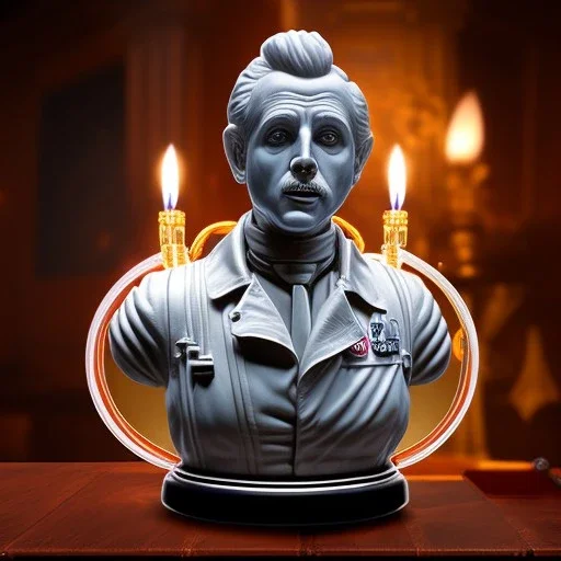 bust of ghostbuster, ancient, magic,on dark wooden piano with drinking glass,compass,brilliance, candle, gold coins strewn